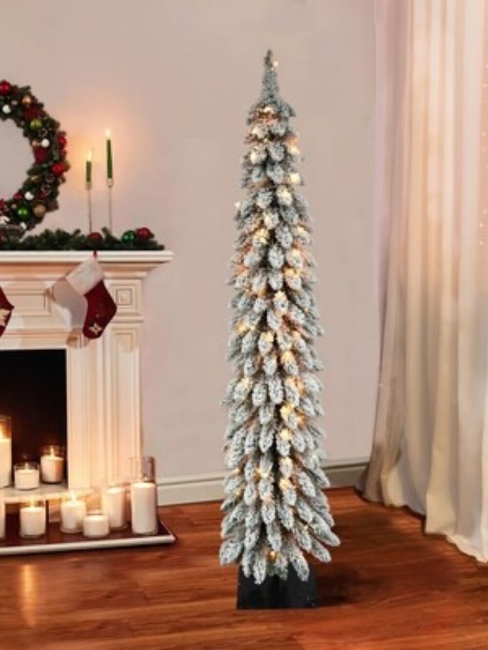 Puleo International 6' Pre-Lit Flocked Alpine Pencil Artificial Christmas Tree -